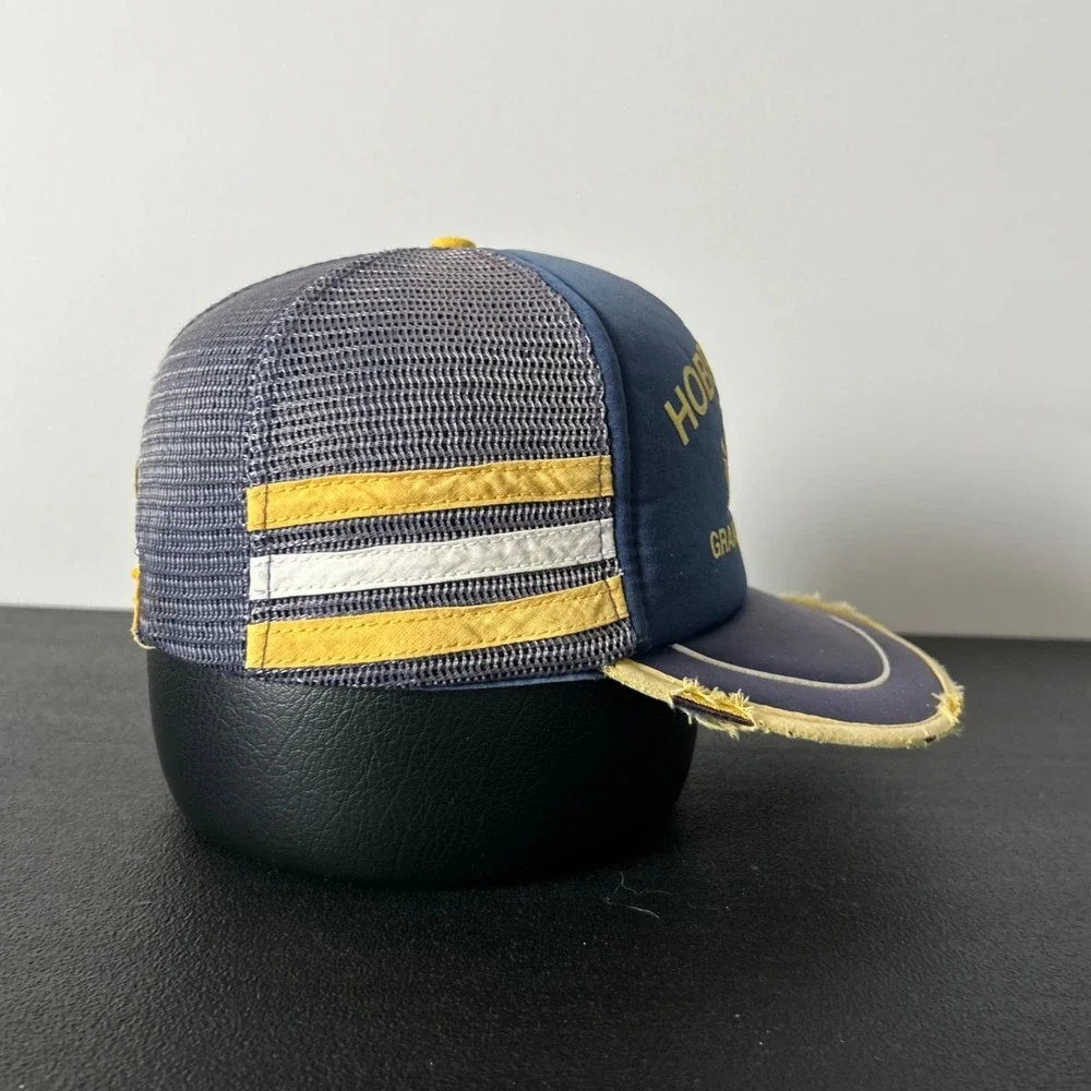Vintage 80s Hobby World 3 Stripe Trucker Hat Cap Snap Back Adjustable Thrashed‎